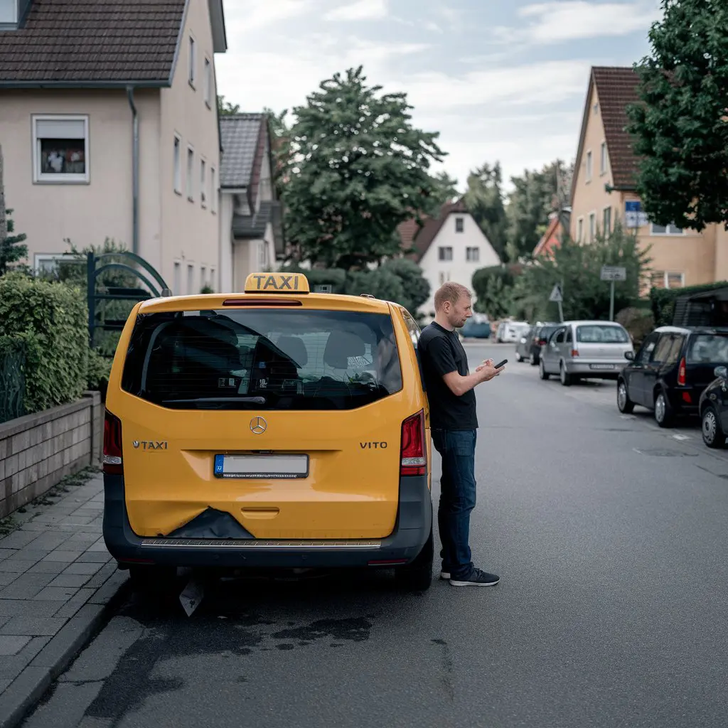 Taxifahrer neben beschädigtem Mercedes-Benz Vito in München, telefoniert mit Versicherung über Unfallschaden.