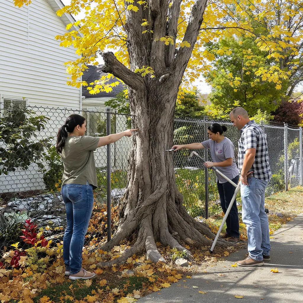 Eine Frau zeigt auf den dicken Stamm einer Esche, während ein Mann ihn konzentriert begutachtet – ein Baum, dessen wuchernde Wurzeln und Äste einen jahrelangen Nachbarschaftsstreit ausgelöst haben.