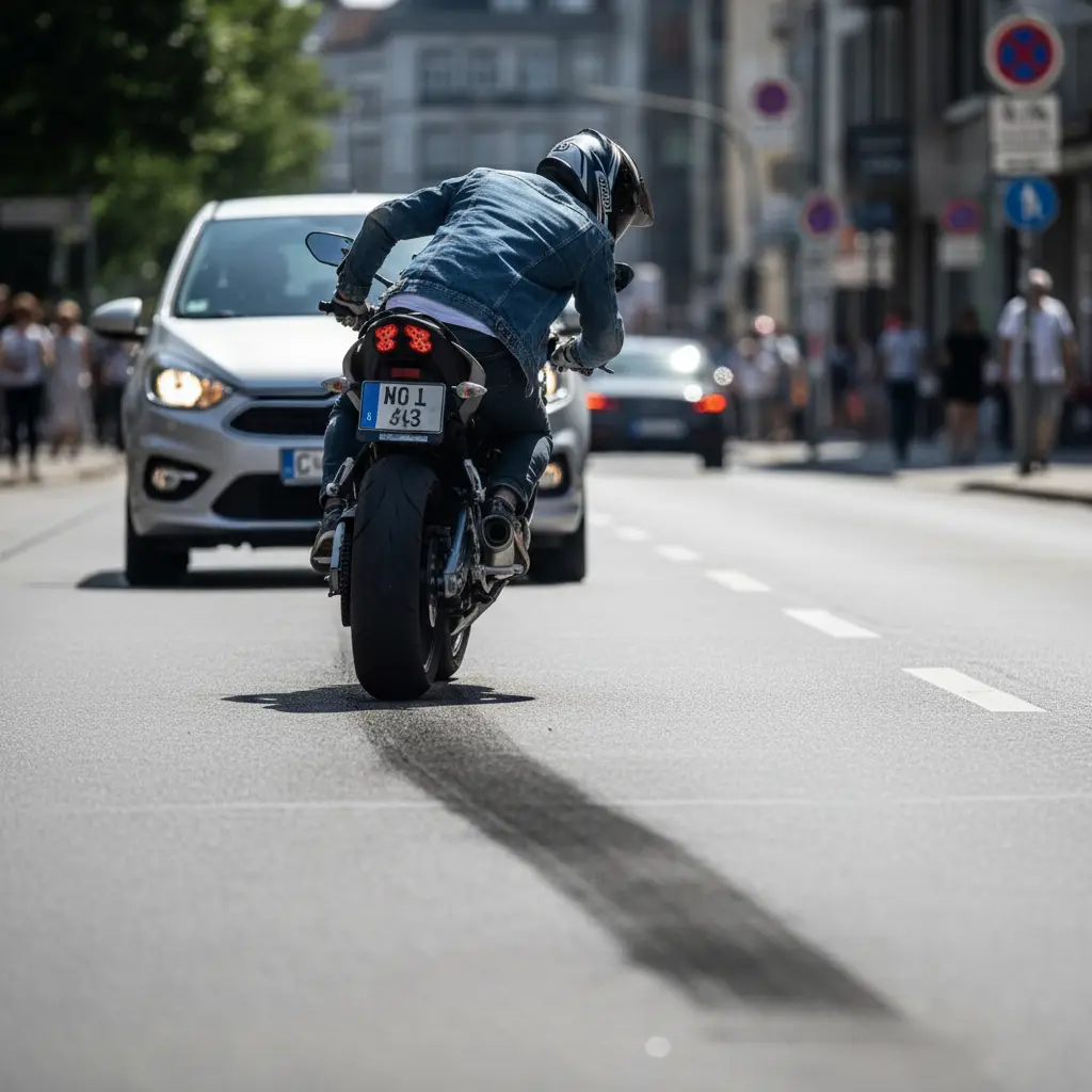 Ein Motorradfahrer liegt bei massiver Gefahrenbremsung über dem Lenker, während das schlitternde Hinterrad einen dunklen Bremsstreifen zieht.