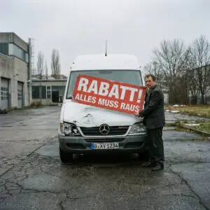 Mann im dunklen Anzug hält ein rotes Rabattschild gegen die massiv beschädigte Front eines weißen Transporters.