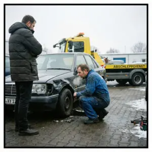 Mechaniker begutachtet die massiv deformierte Front eines Unfallwagens neben dem Besitzer an einem frostigen Morgen.