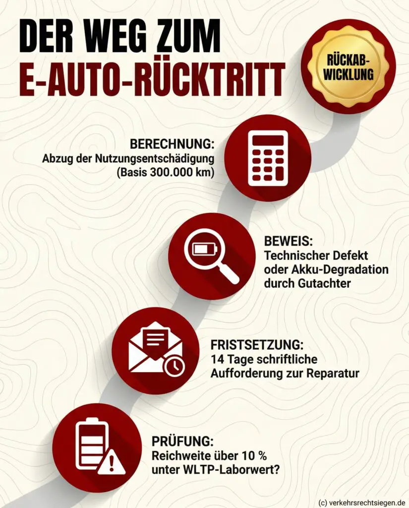 Infografik: 5 Schritte zum E-Auto-Rücktritt von der Reichweitenprüfung bis zur Rückzahlung des Kaufpreises.