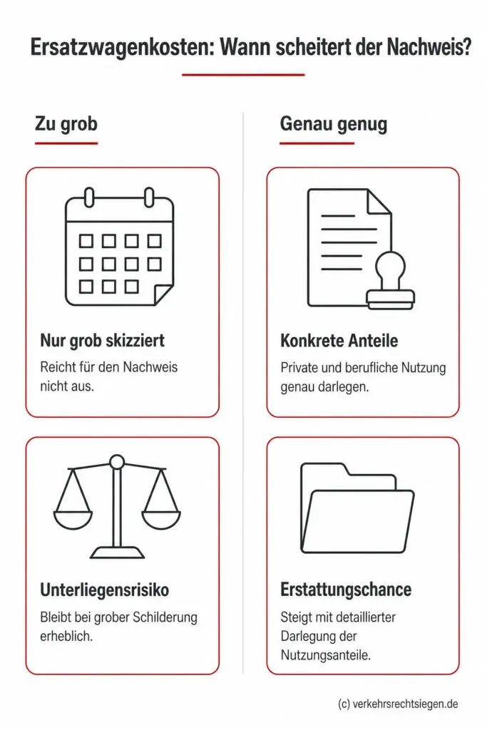 Infografik: Ersatzwagenkosten bei Mischnutzung: Nur eine konkrete und detaillierte Darlegung der privaten und beruflichen Nutzungsanteile führt zu einer Erstattungschance; eine grobe Schilderung reicht nicht aus und birgt erhebliches Unterliegensrisiko.