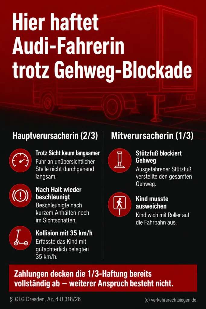 Infografik (Gegenüberstellung): Vergleich der Haftungsanteile von 2/3 zu 1/3 nach Unfall bei Gehwegblockierung.