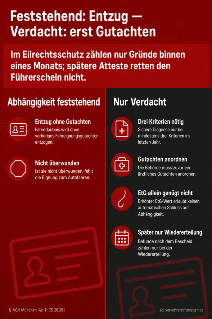 Rechtsvergleich: Gesicherte Alkoholabhängigkeit führt zu sofortigem Entzug, Verdacht erfordert vorerst Gutachtenklärung.
