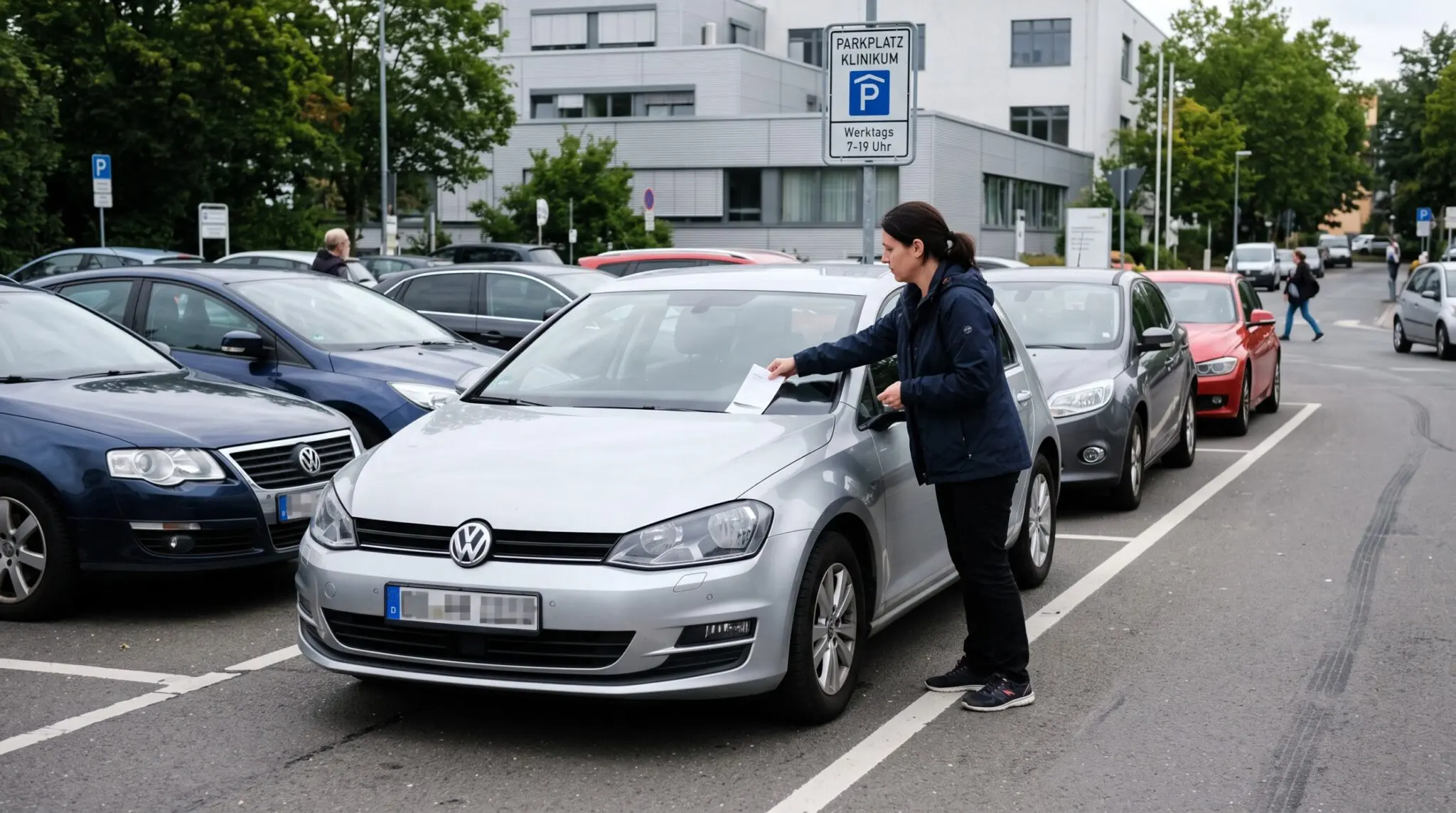 Frau greift auf Krankenhausparkplatz nach Strafzettel unter Scheibenwischer eines parkenden Autos