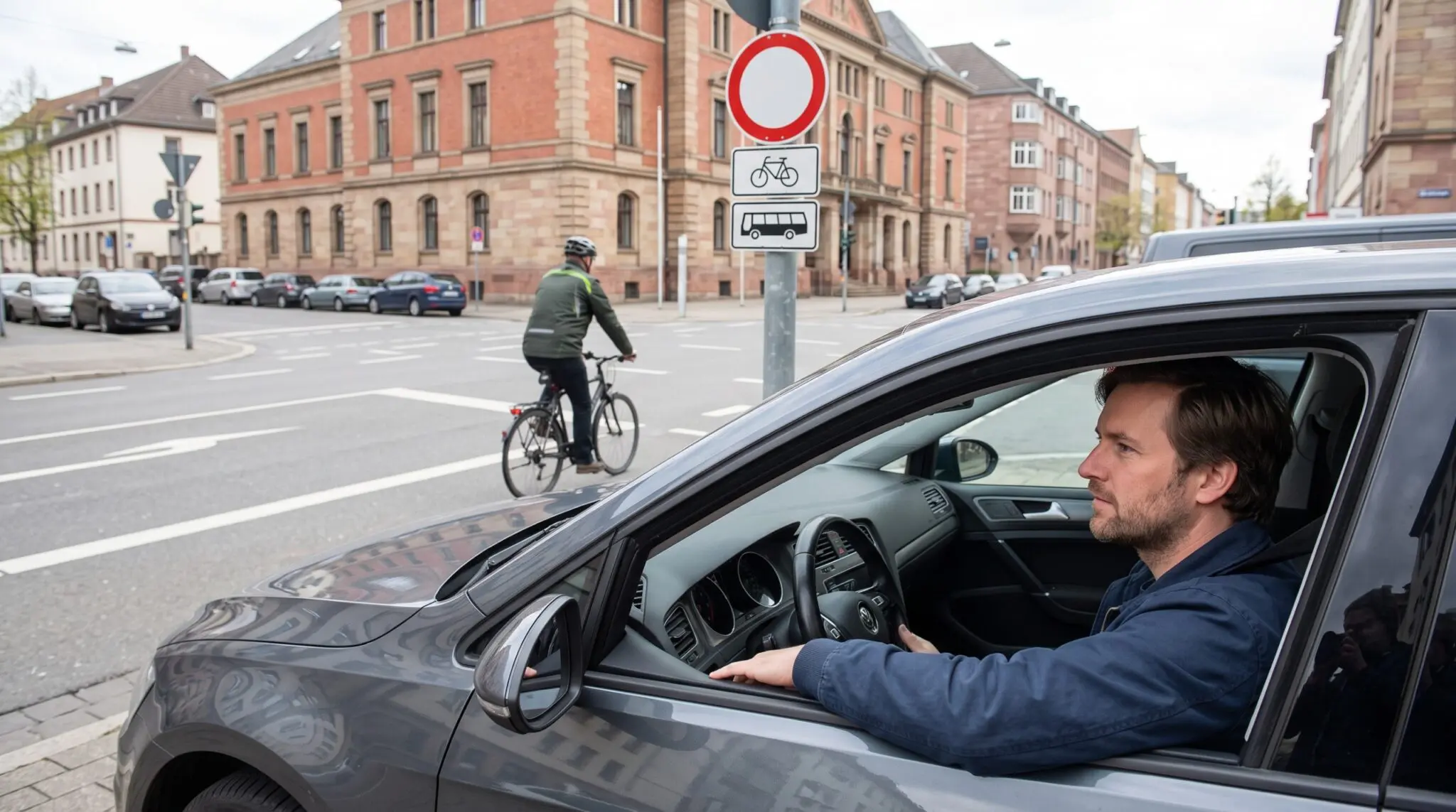 Autofahrer im haltenden Auto vor Durchfahrtsverbot mit Zusatzzeichen, Radfahrer fährt vorbei