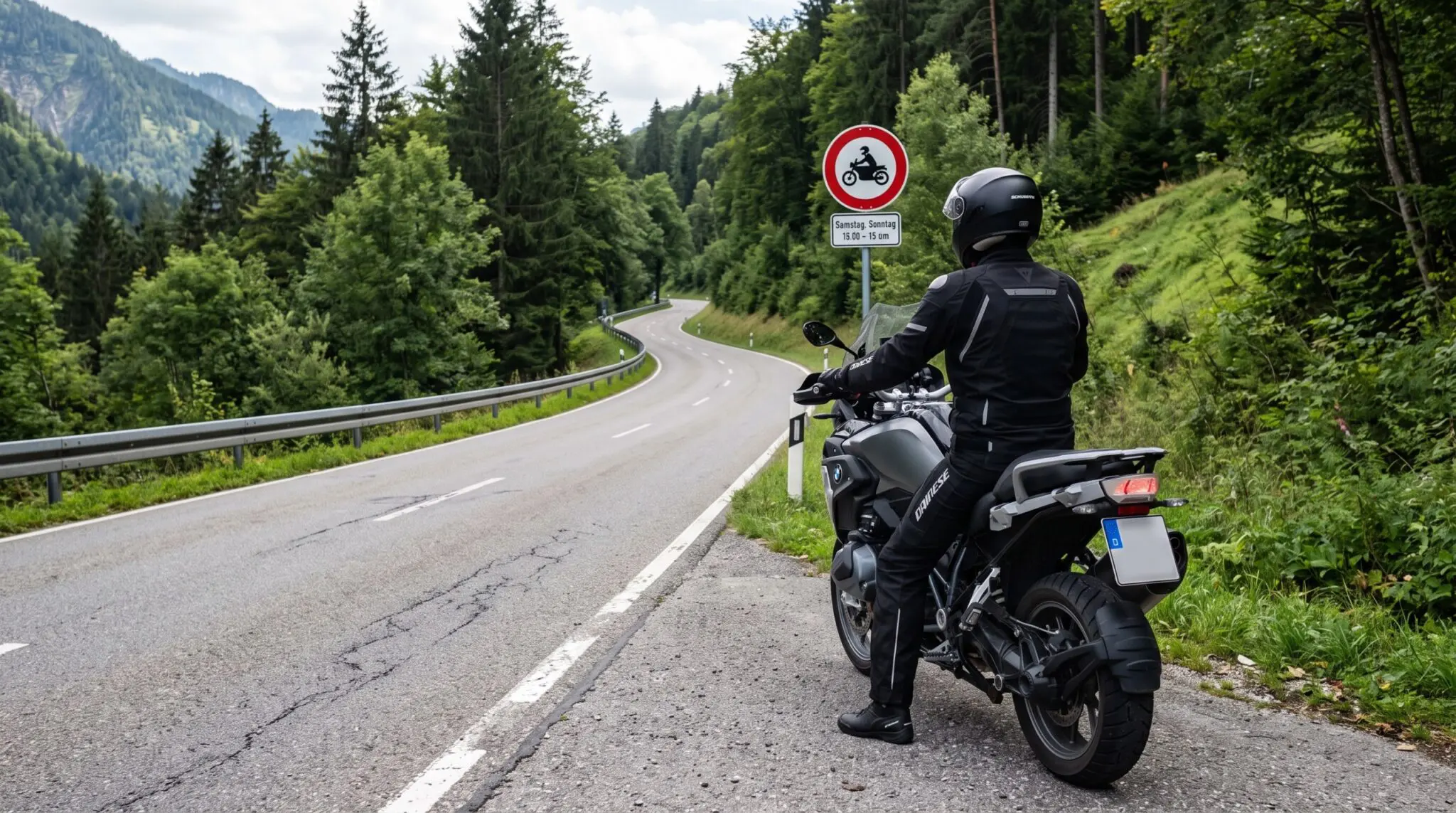 Motorradfahrer am Fahrbahnrand blickt auf Motorrad-Verbotsschild vor Bergkurve mit Leitplanke