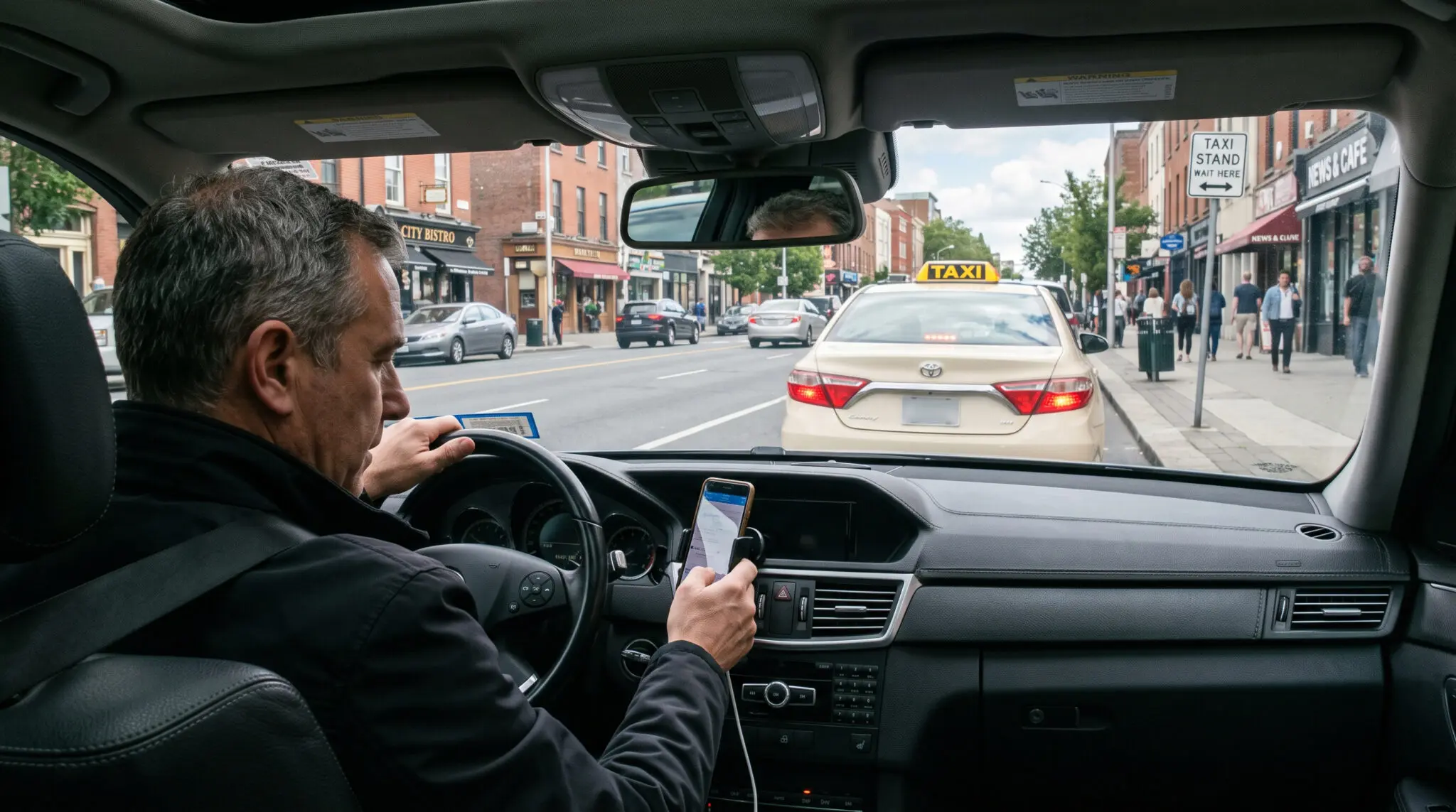 Fahrer blickt im parkenden Mietwagen aufs Handy, davor wartet ein Taxi am Stand