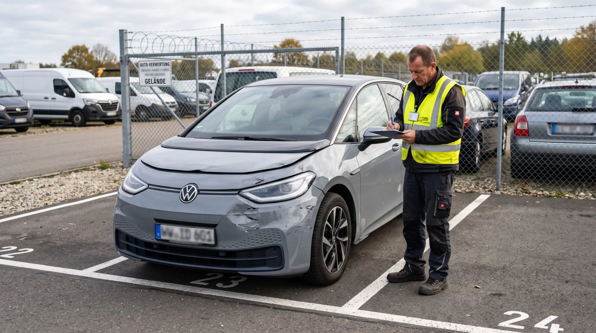 Sachverständiger in Warnweste prüft beschädigtes Elektroauto auf leerem markierten Stellplatz im Betriebshof