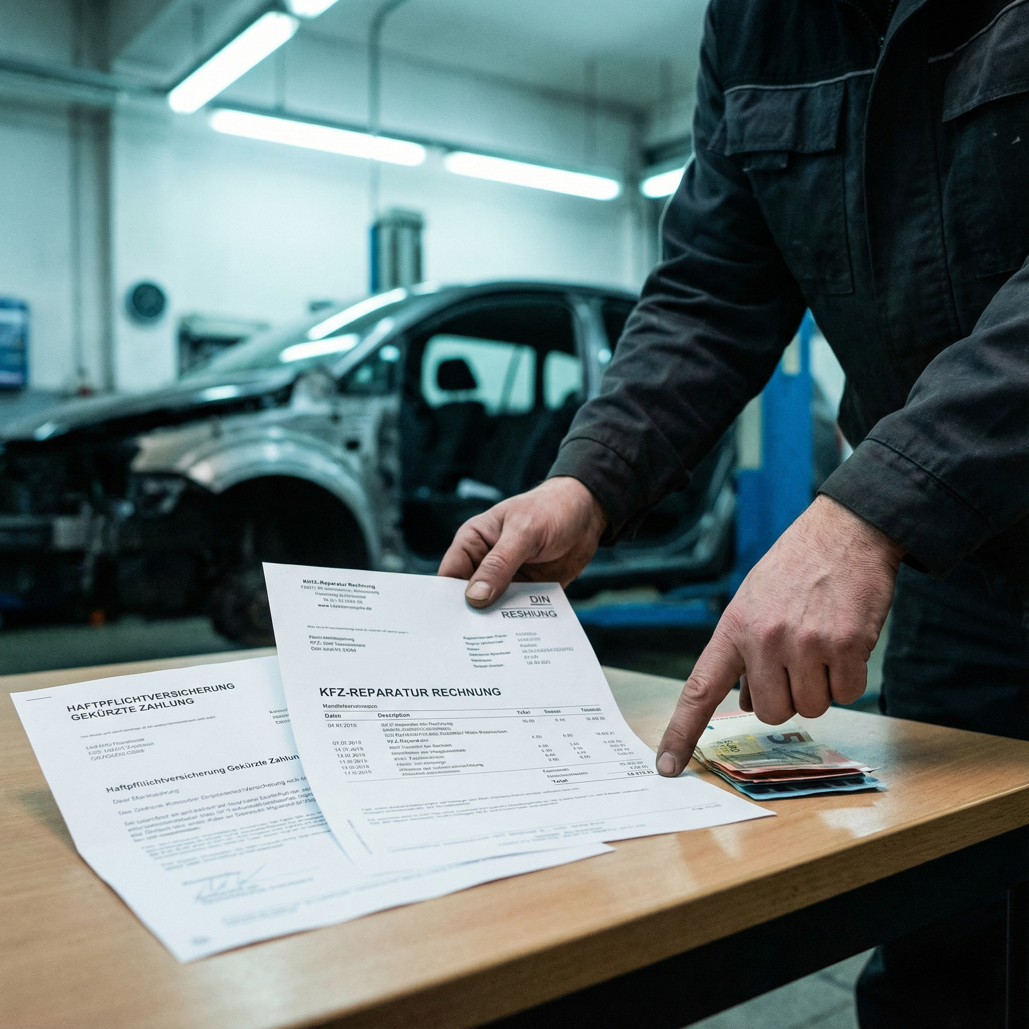 Ein Mechaniker zeigt auf einer Werkstattrechnung, dass der danebenliegende Stapel Euro-Banknoten unvollständig ist.