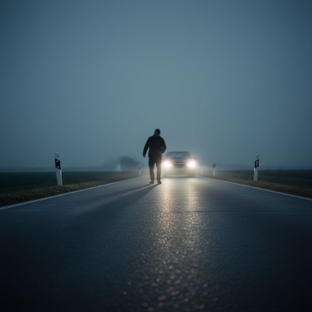 Taumelnder Mann steht im Lichtkegel eines schnell nahenden Autos auf einer dunklen Landstraße.