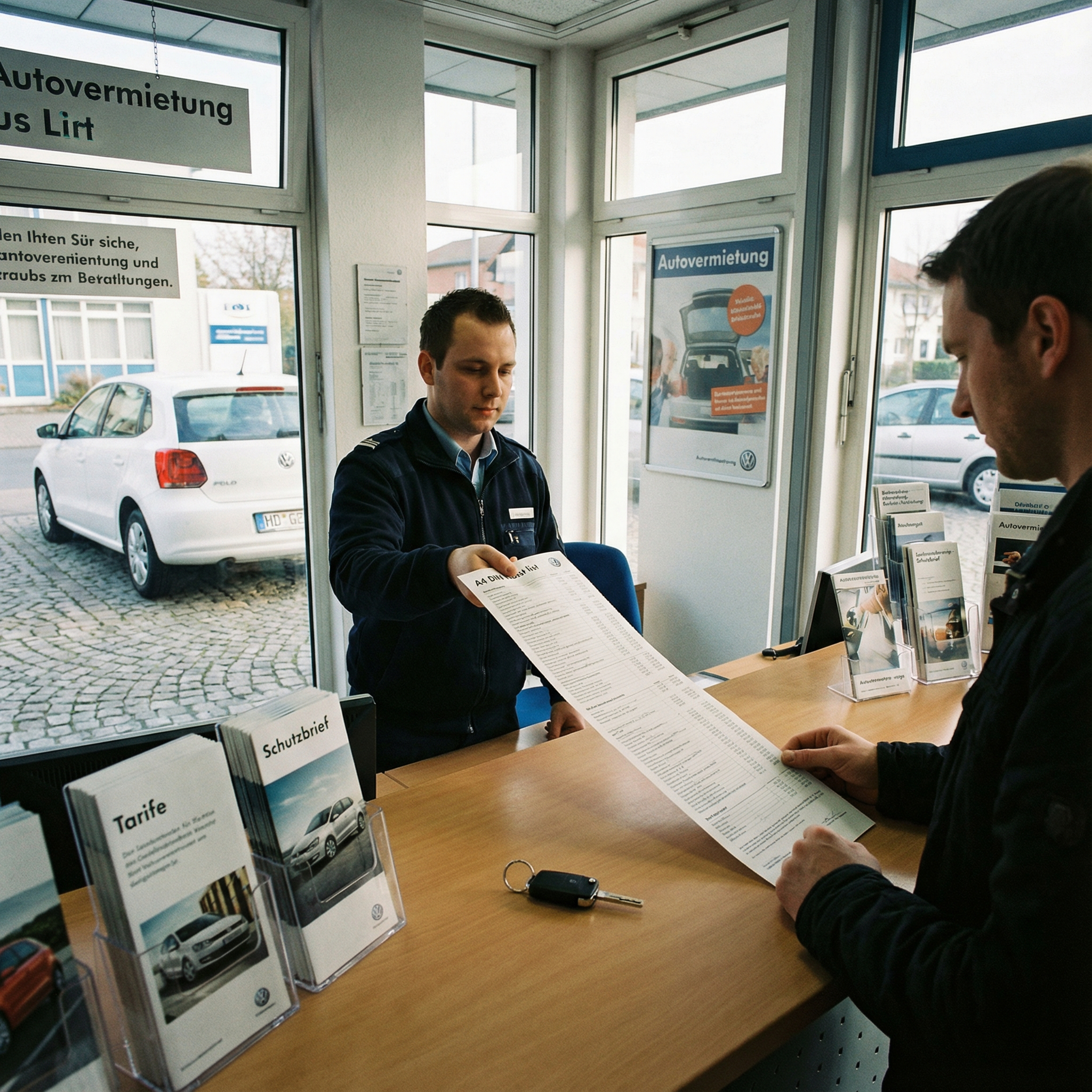 Ein Mitarbeiter schiebt einem Kunden eine auffällig lange Kostenliste und einen Autoschlüssel über den Tresen.