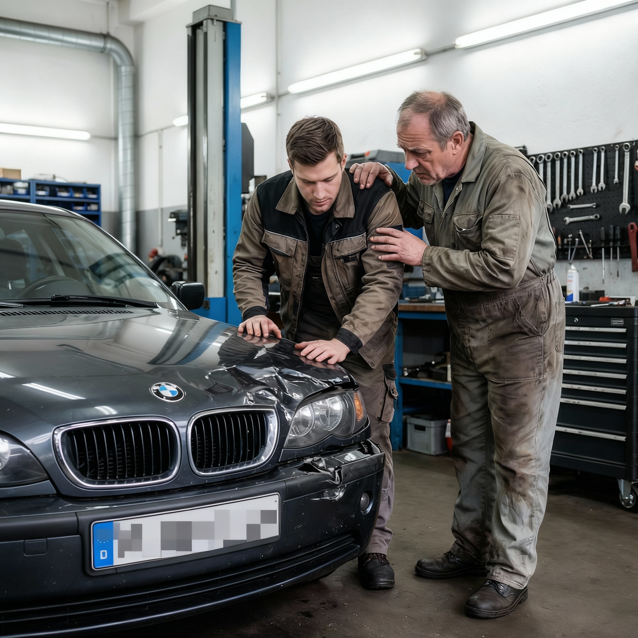 Ein junger Gutachter untersucht einen Unfallwagen; der ältere Werkstattinhaber legt ihm vertraulich die Hand auf die Schulter.