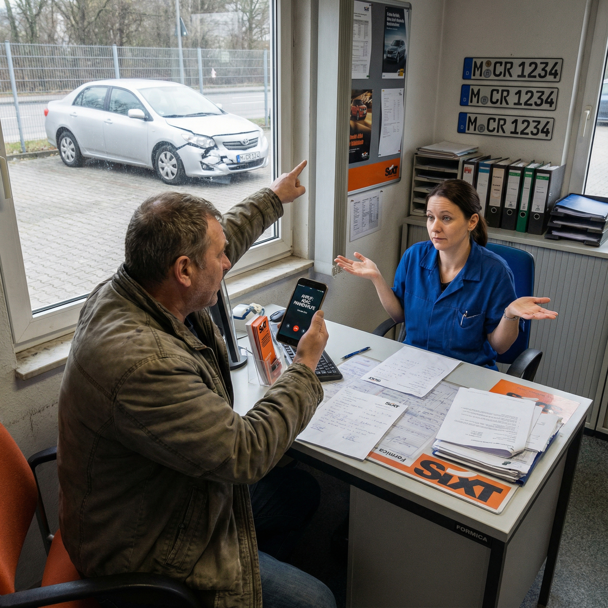 Ein telefonierender Mann zeigt am Schalter auf ein Unfallauto, während der Mitarbeiter ratlos die leeren Hände hebt.