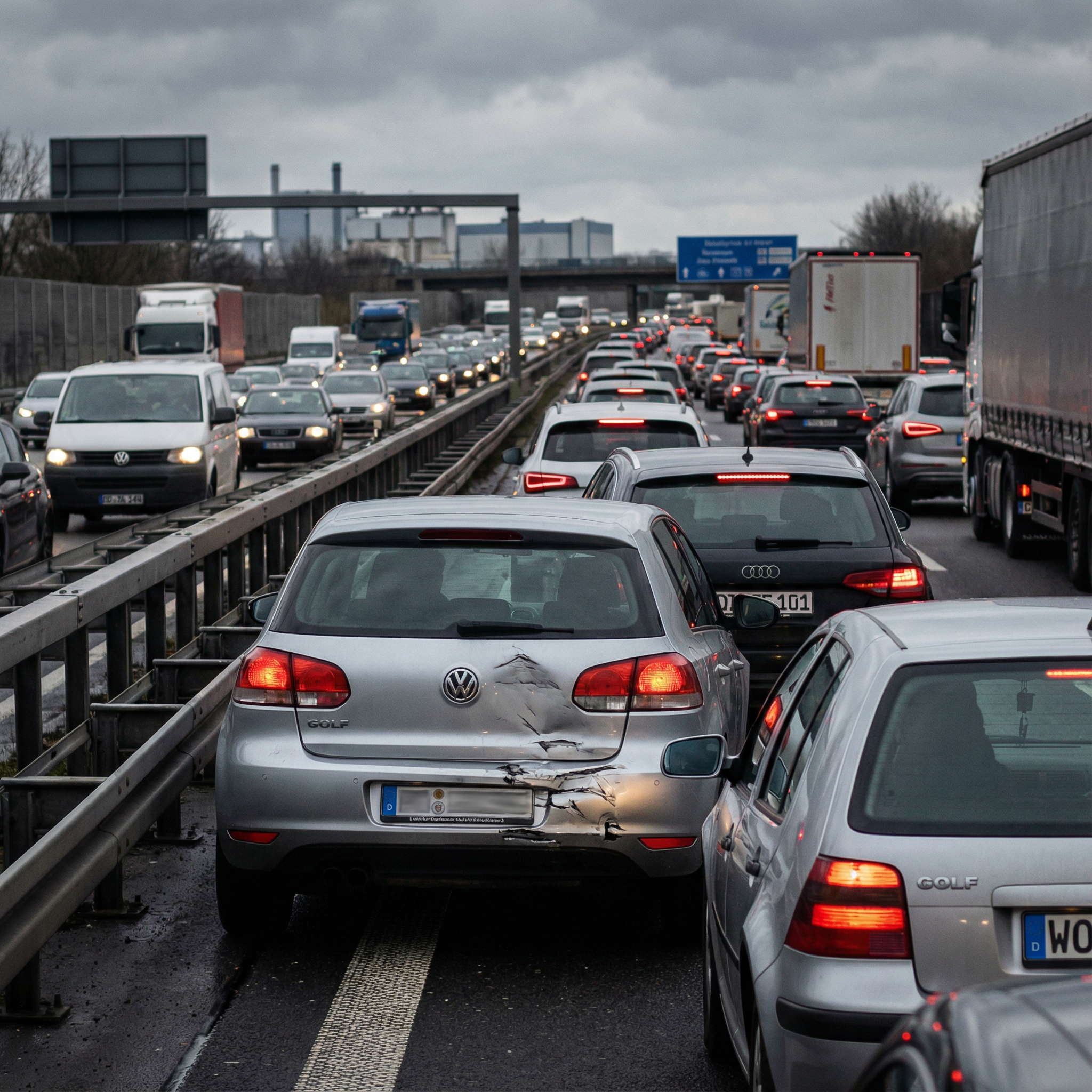 Massiv eingedellte, verkratzte Beifahrerseite eines silbernen Mercedes quer auf einer verschneiten Landstraße.