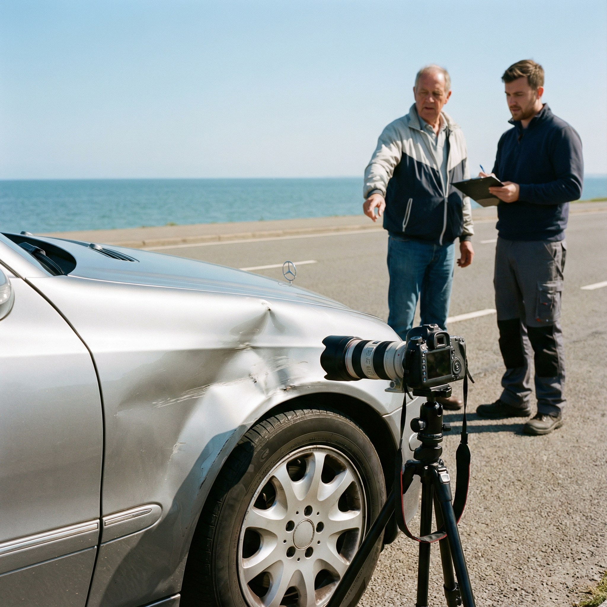 Mann im dunklen Anzug hält ein rotes Rabattschild gegen die massiv beschädigte Front eines weißen Transporters.