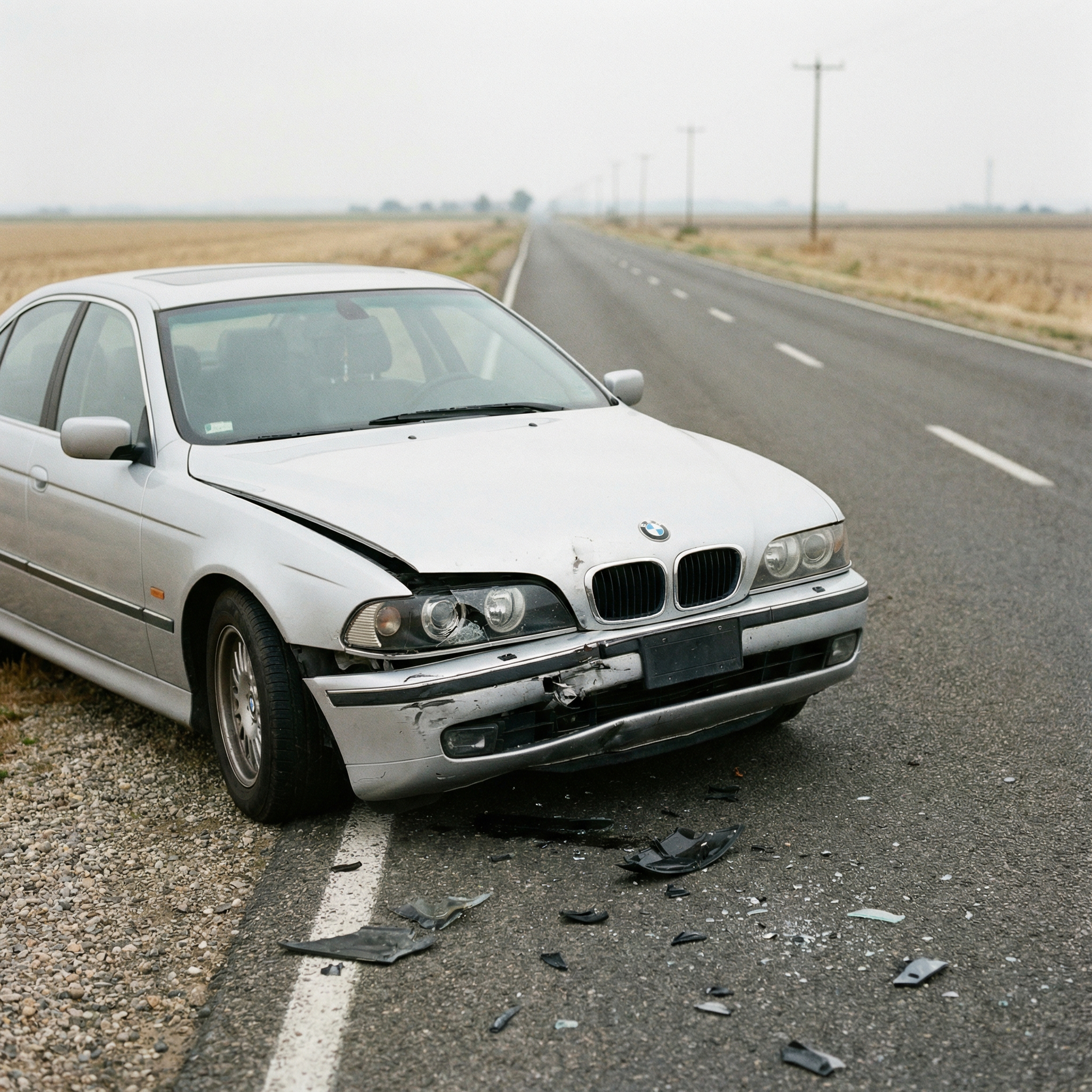 Massiver Blechschaden an der Front eines silbernen PKW am Rand einer einsamen, weitläufigen Landstraße.