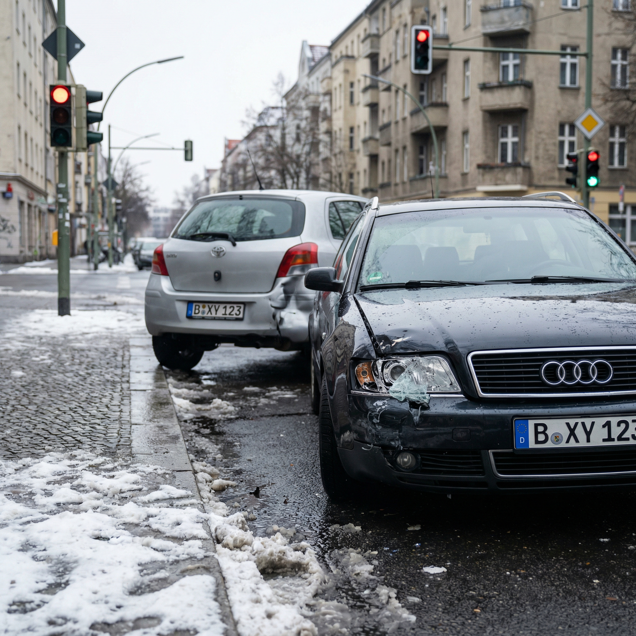 Massiv eingedrückte Front zweier kollidierter PKW auf nasser Kreuzung mit Glassplittern und Schneematsch.