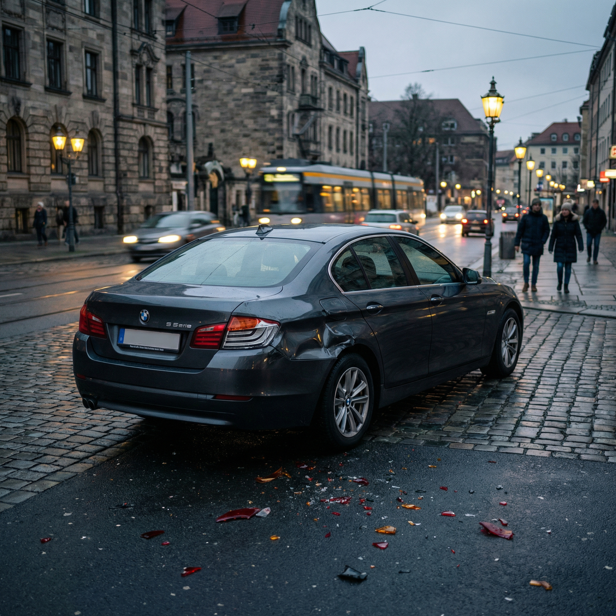 Zersplitterte Heckleuchte und eingedellter Kotflügel einer dunklen Luxuslimousine an einer abendlichen Kreuzung.
