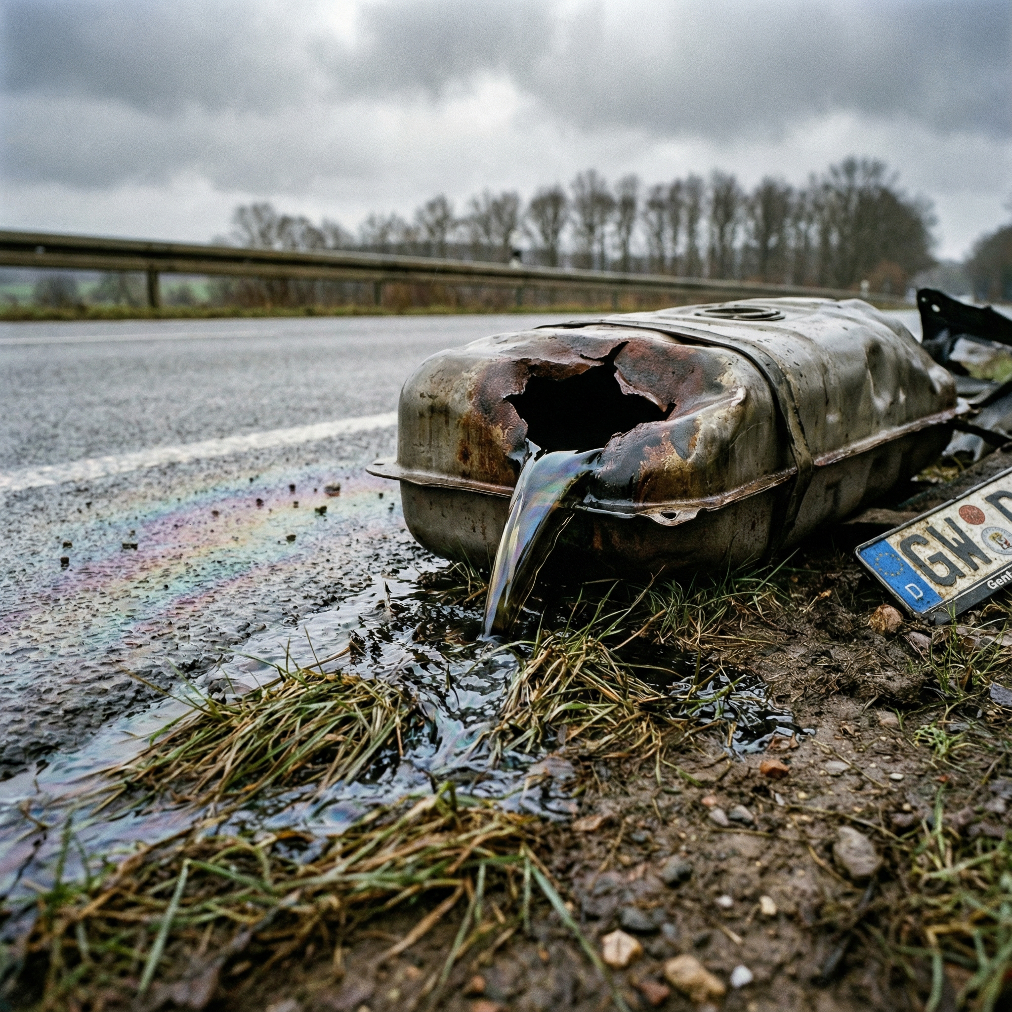 Dunkle, ölige Flüssigkeit rinnt aus einem aufgerissenen Autotank in das aufgeweichte Erdreich am Straßenrand.