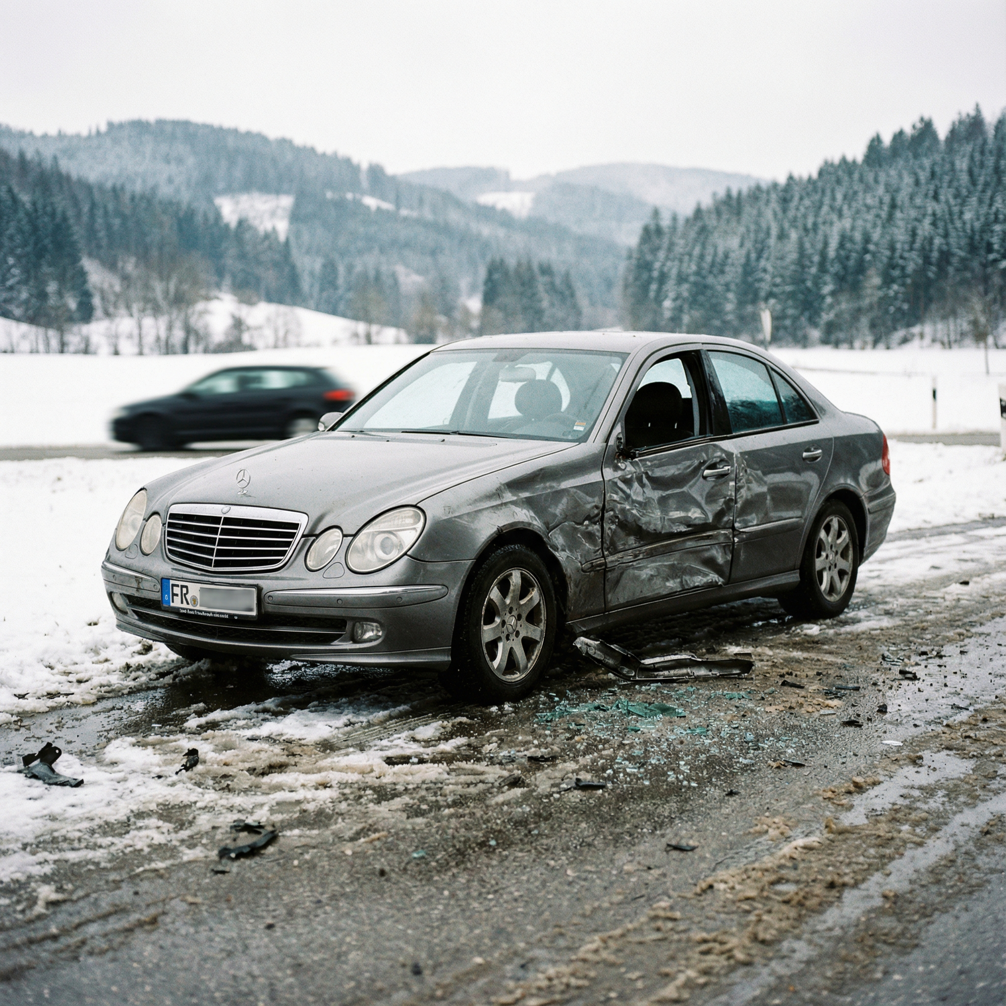 Ein PKW mit tief eingedellter Stoßstange und Kratzern steht in einem dichten, grauen Autobahnstau.