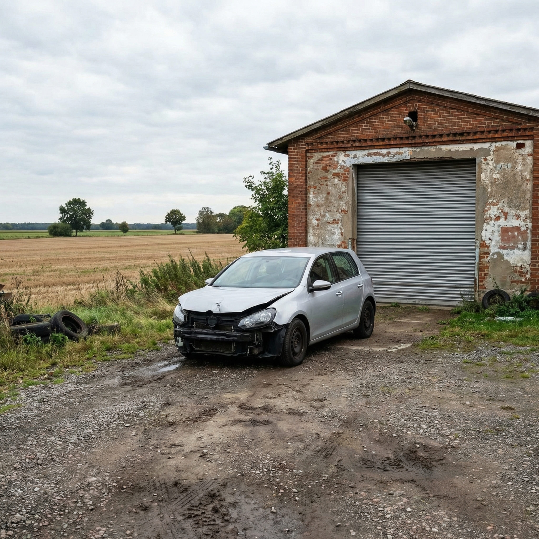 Ein silberner Pkw mit Frontschaden auf dem Schotterhof einer einsamen Werkstatt inmitten weiter Felder.