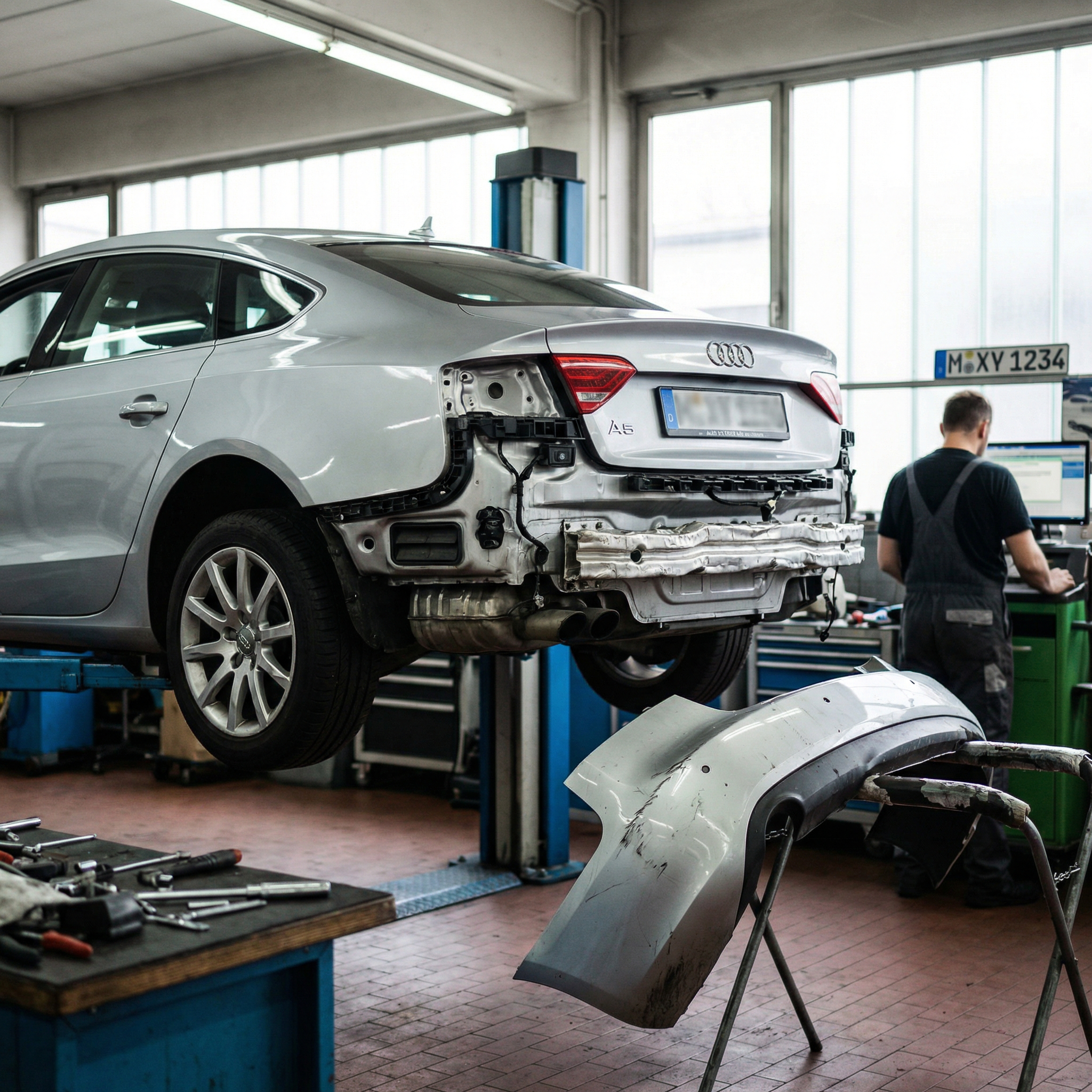 Zerlegtes Heck eines silbernen Audi auf einer Hebebühne mit freiliegenden, komplexen Pralldämpfern und Sensoren.