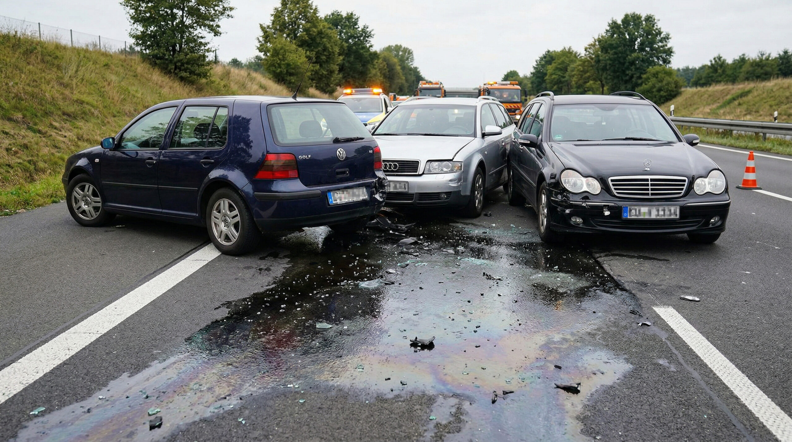 Drei ineinandergeschobene Fahrzeuge mit chaotisch auf den Asphalt ausgelaufenen Betriebsflüssigkeiten.
