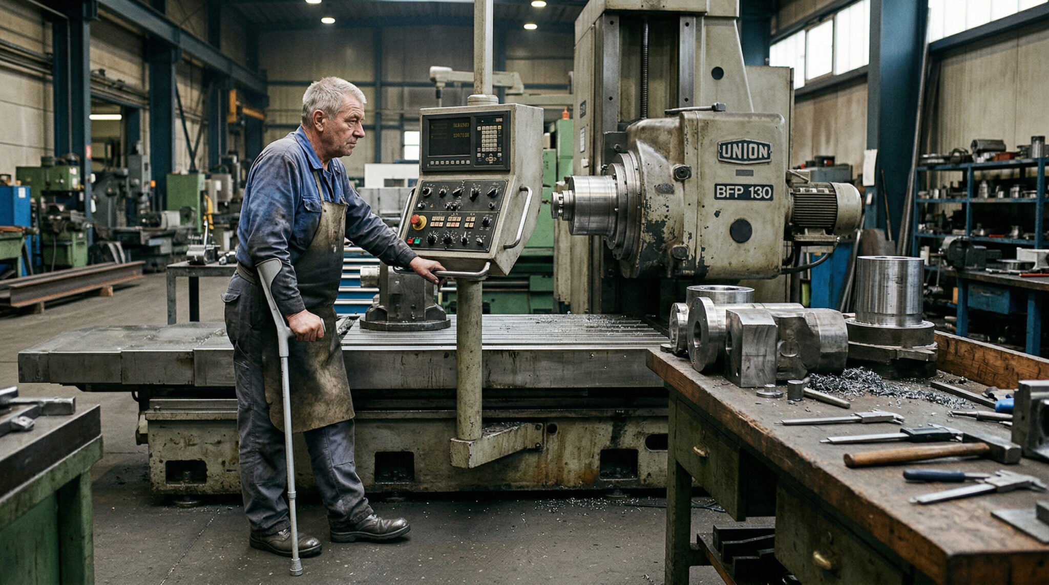 Metallhandwerker mit Gehhilfe steht in einer Industriehalle vor einem großen, stillstehenden Bohrwerk.
