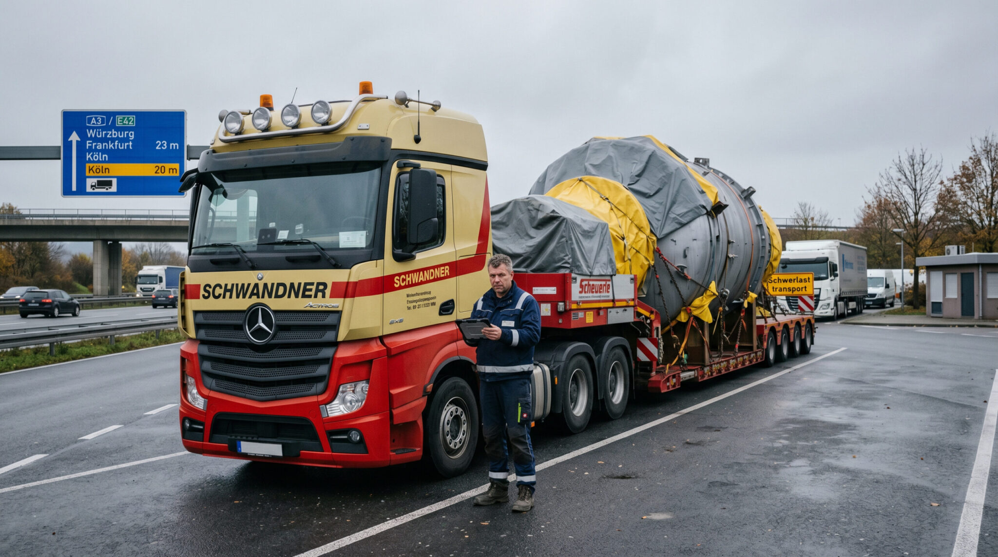 Ein Schwertransport auf einem deutschen Autobahnrastplatz unter grauem Himmel, der Fahrer steht ratlos am LKW.