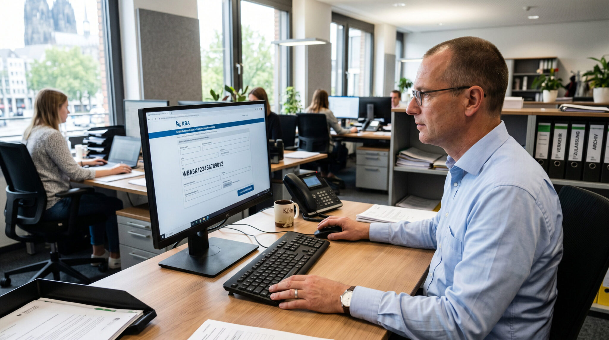 Bürobeamter am PC, auf dem Monitor ist ein Formular mit einer Fahrgestellnummer der Zulassungsbehörde zu sehen.