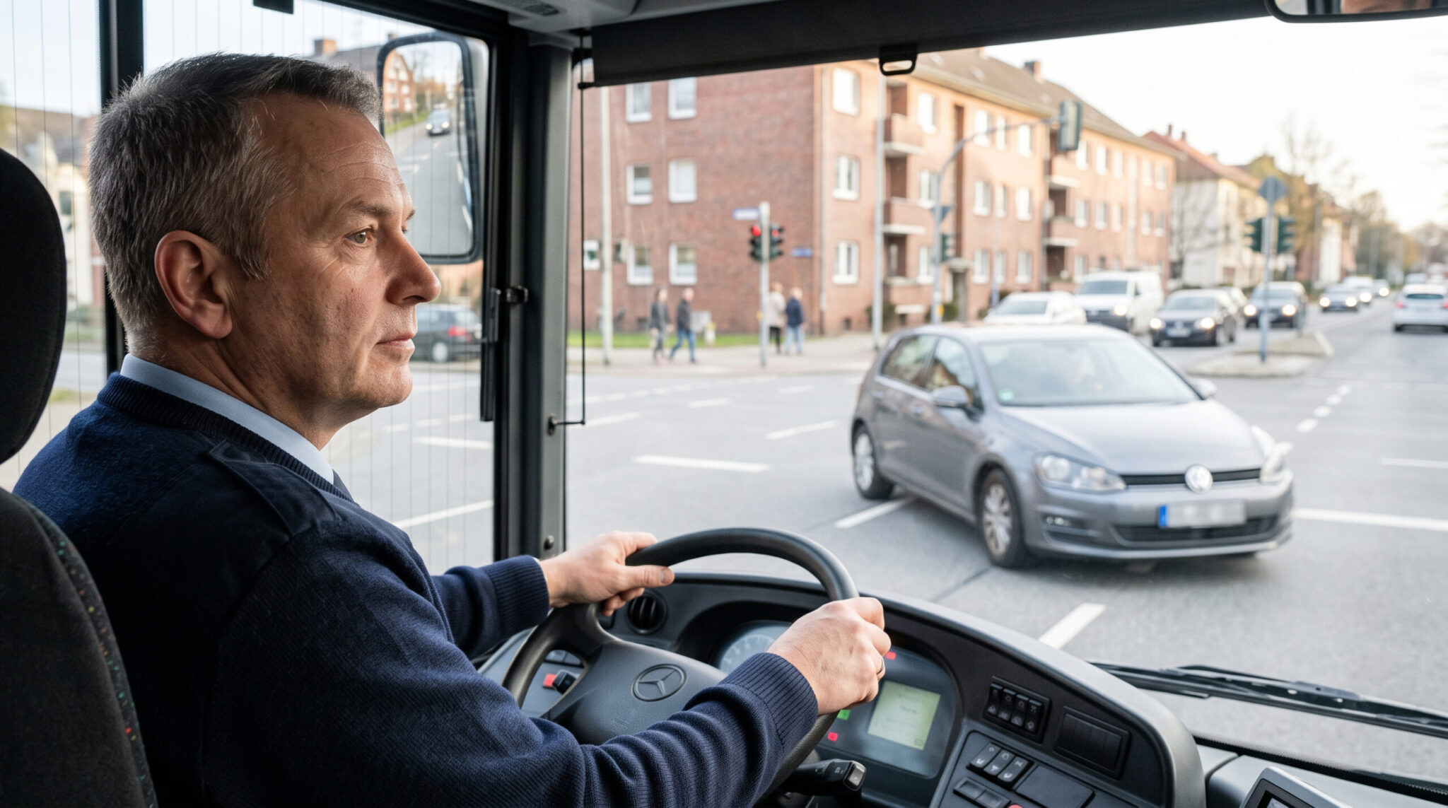 PKW rückt an einer deutschen Kreuzung weit in die Hauptstraße hinaus und blockiert den Fahrweg eines nahenden Stadtbusses unt