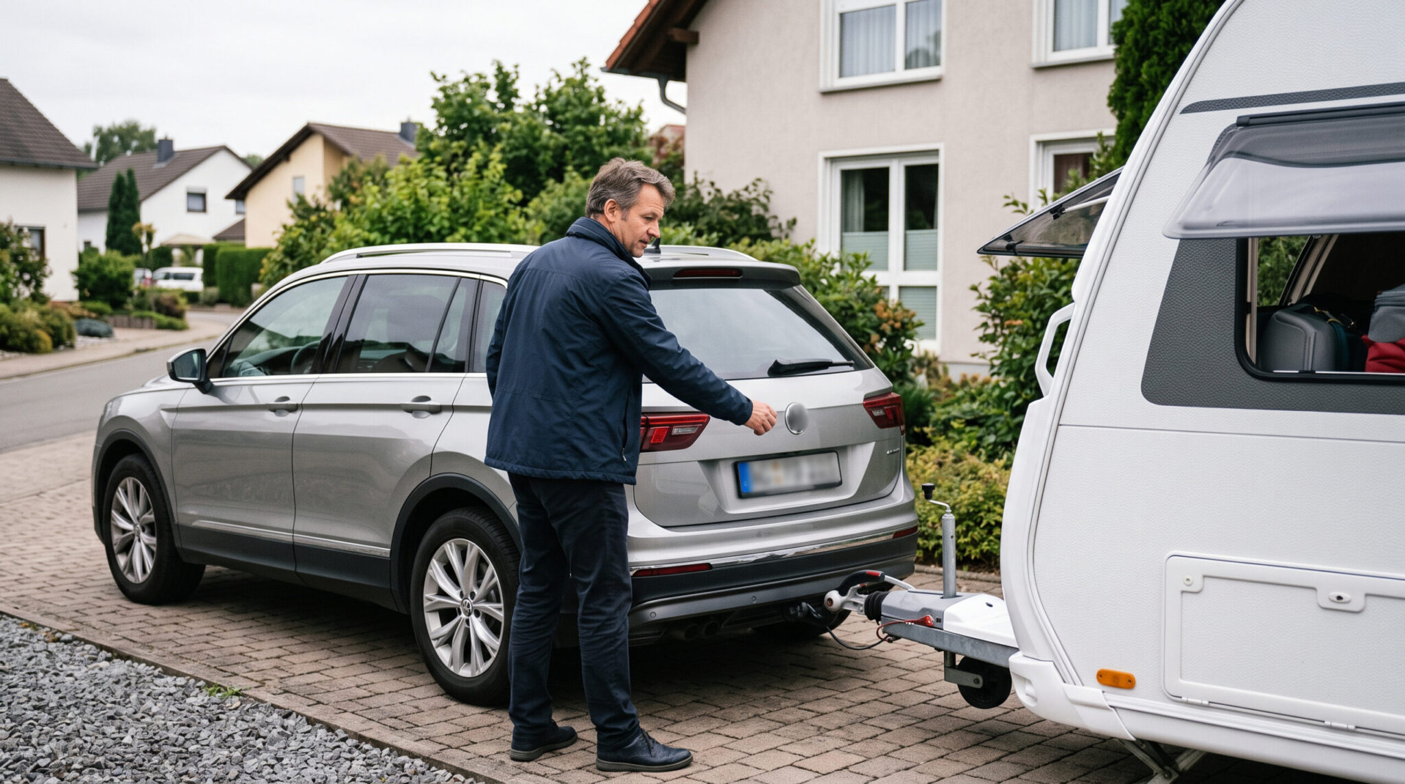 Ein Fahrer lädt den Kofferraum eines SUVs, gekuppelt mit einem schweren Wohnwagen. Die angespannte Alltagsszene zeigt die beg