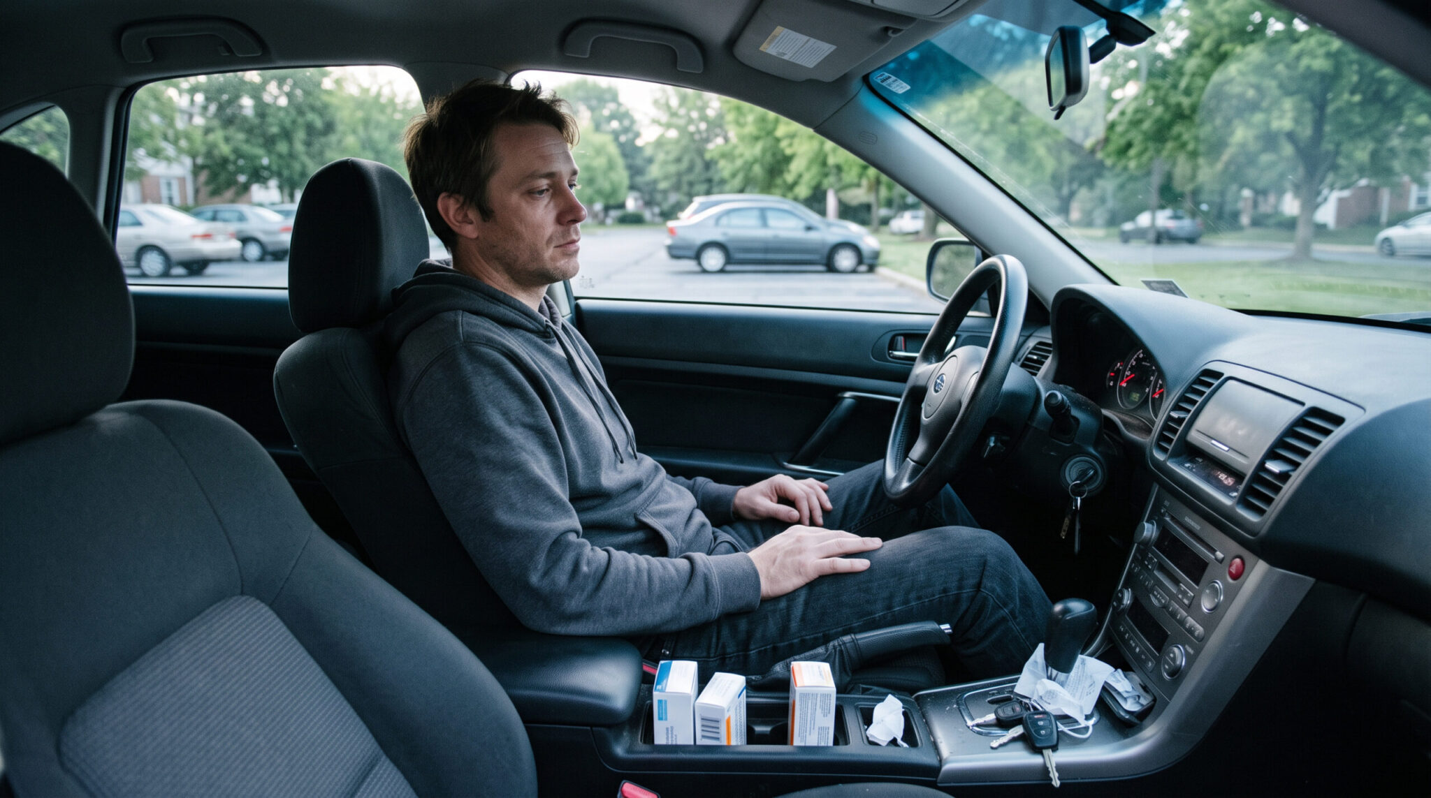 Ermüdeter Autofahrer geparkt im Fahrzeug, Hände ruhig im Schoß, Rezeptboxen deutlich auf der Mittelkonsole.